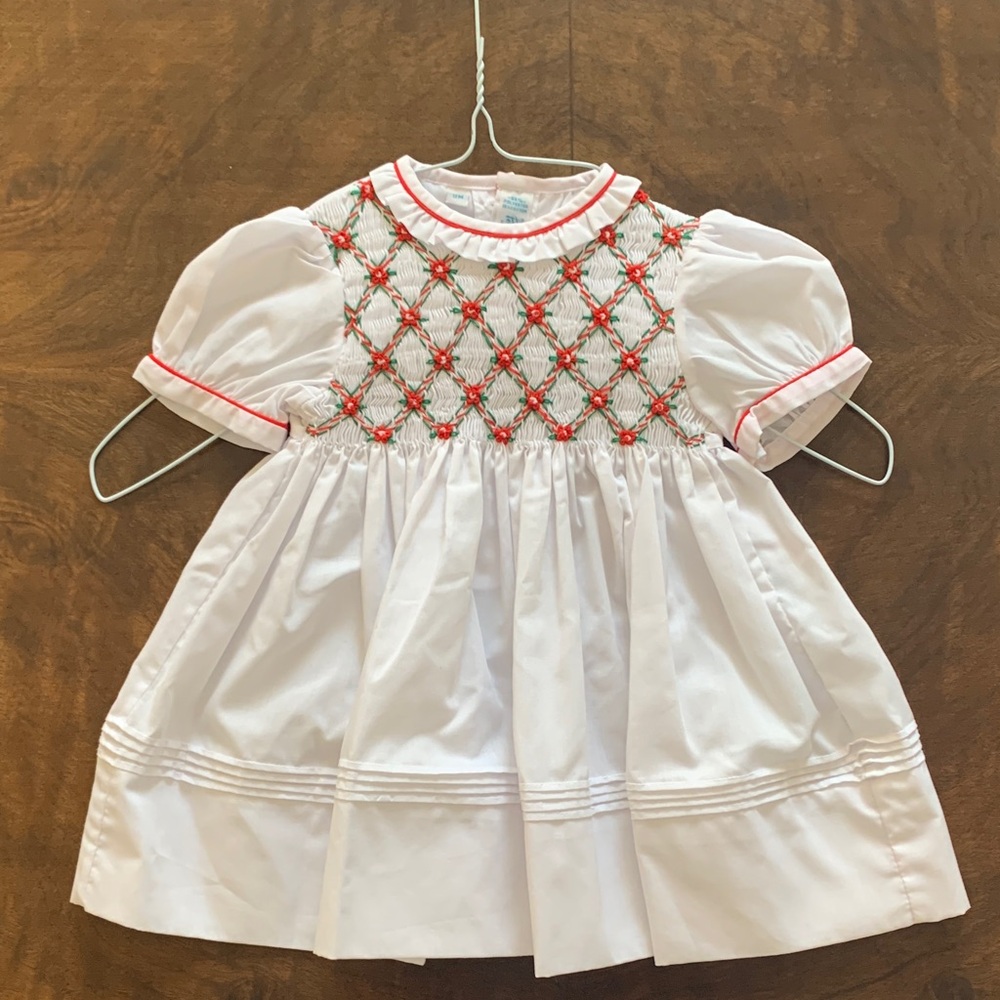 White Smocked Feltman Brothers Baby Christmas Dress